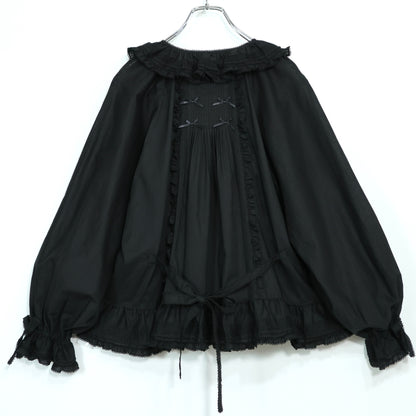 【美品】ピンクハウス★お花のモチーフ♪ふんわりローンブラウス 黒系 前開き サテンリボンも♪無地 z22169