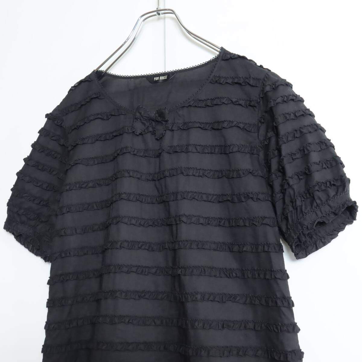 【美品】ピンクハウス★段々フリルいっぱい♪ローンブラウス サイズM 黒系 リボンも♪無地 z17252