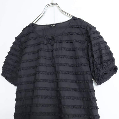 【美品】ピンクハウス★段々フリルいっぱい♪ローンブラウス サイズM 黒系 リボンも♪無地 z17252