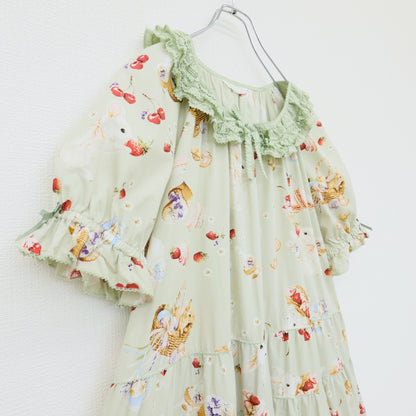 【美品】ピンクハウス★スイーツスプリングバニーpt♪半袖ミディワンピース ハッカ系 段々フリル&サテンリボン 2025年製 z23386