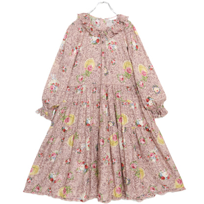 【極美品】ピンクハウス★レースフラワー柄♪ミディ丈ワンピース アイボリー系 ふんわりフォルム♪2025年 薄手 z22498