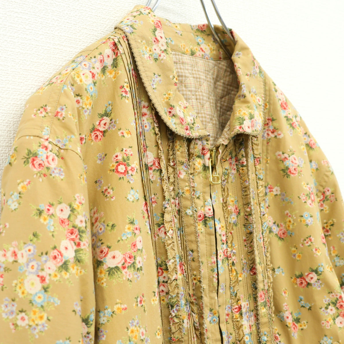 ピンクハウス★もこふわ♪花柄の中綿入りジップアップブルゾン モカ系 裏キルティング&リボン♪z23578