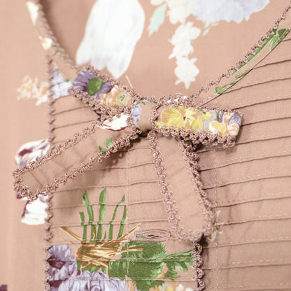 カネコイサオ★華やかチューリップ&ブーケ柄♪半袖ワンピース 薄茶系 リボン&ピンタック♪ピンクハウス系＊z23046