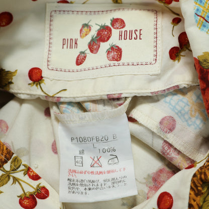 【美品】ピンクハウス★ジャム瓶&かごストロベリーpt♪開襟シャツ ブラウス 大きいサイズＬ クリーム色系 前開き 薄手 z21734