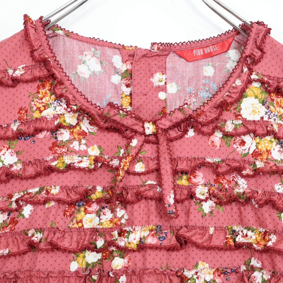 【美品】ピンクハウス★かぶせ段々フリル♪ドットと花柄のふんわりブラウス 赤紫系 ピコレース&リボン♪薄手 z21087
