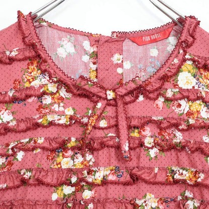 【美品】ピンクハウス★かぶせ段々フリル♪ドットと花柄のふんわりブラウス 赤紫系 ピコレース&リボン♪薄手 z21087