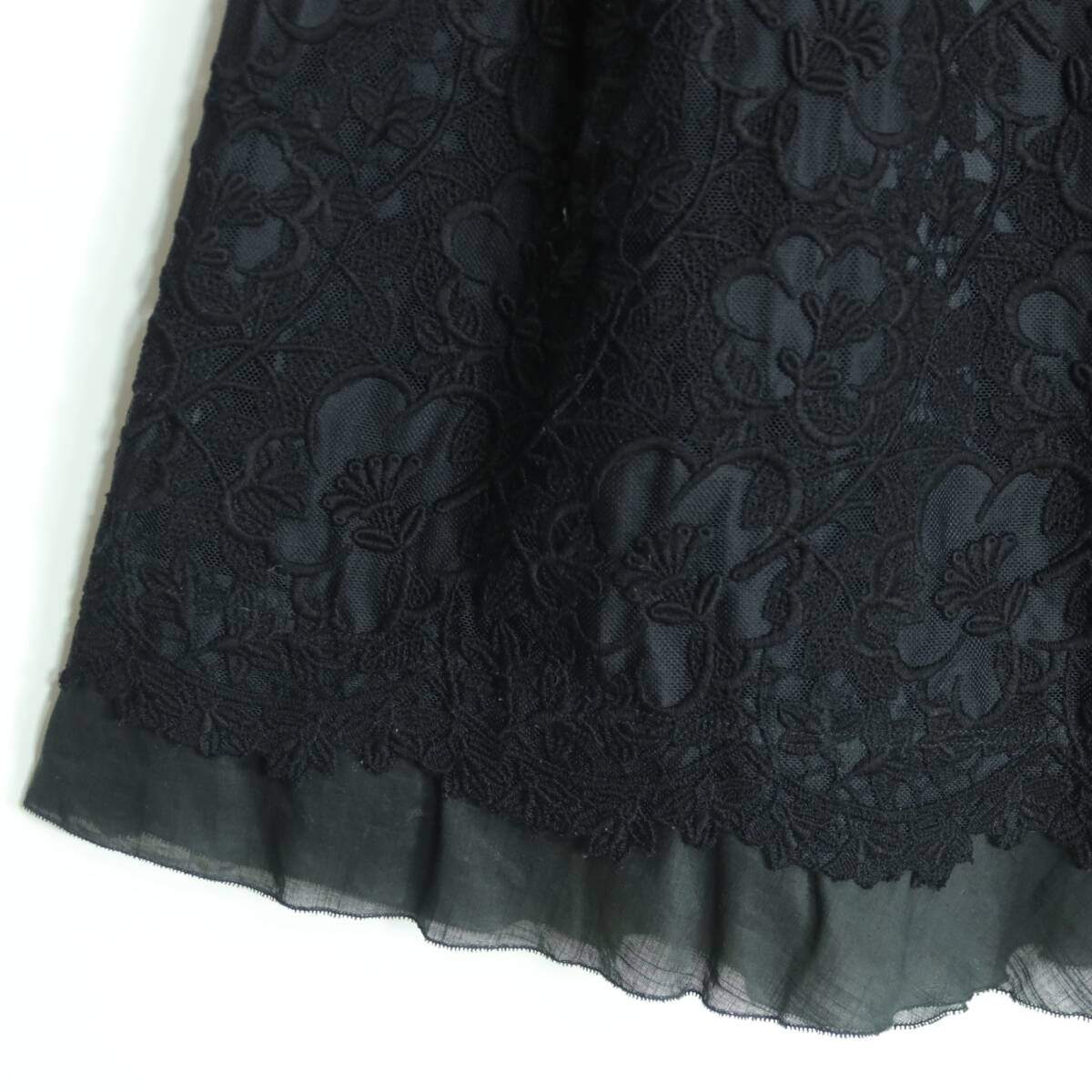 【美品】インゲボルグ★繊細！刺繍付きチュールレースが素敵なタック入りスカート サイズ9 黒系 裾シフォン♪薄手 z19463