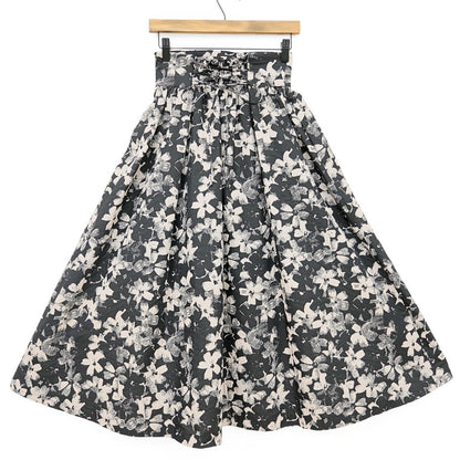 【美品】マーリエ ル カセット★ セットアップ ふんわりブラウス&ボリュームロングスカート サイズ7 黒系 シックな花柄♪z23310