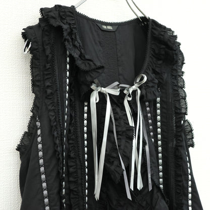 【美品】ピンクハウス★配色リボンデコレーション♪ローンブラウス 黒系 前開き 2024年製 z23561