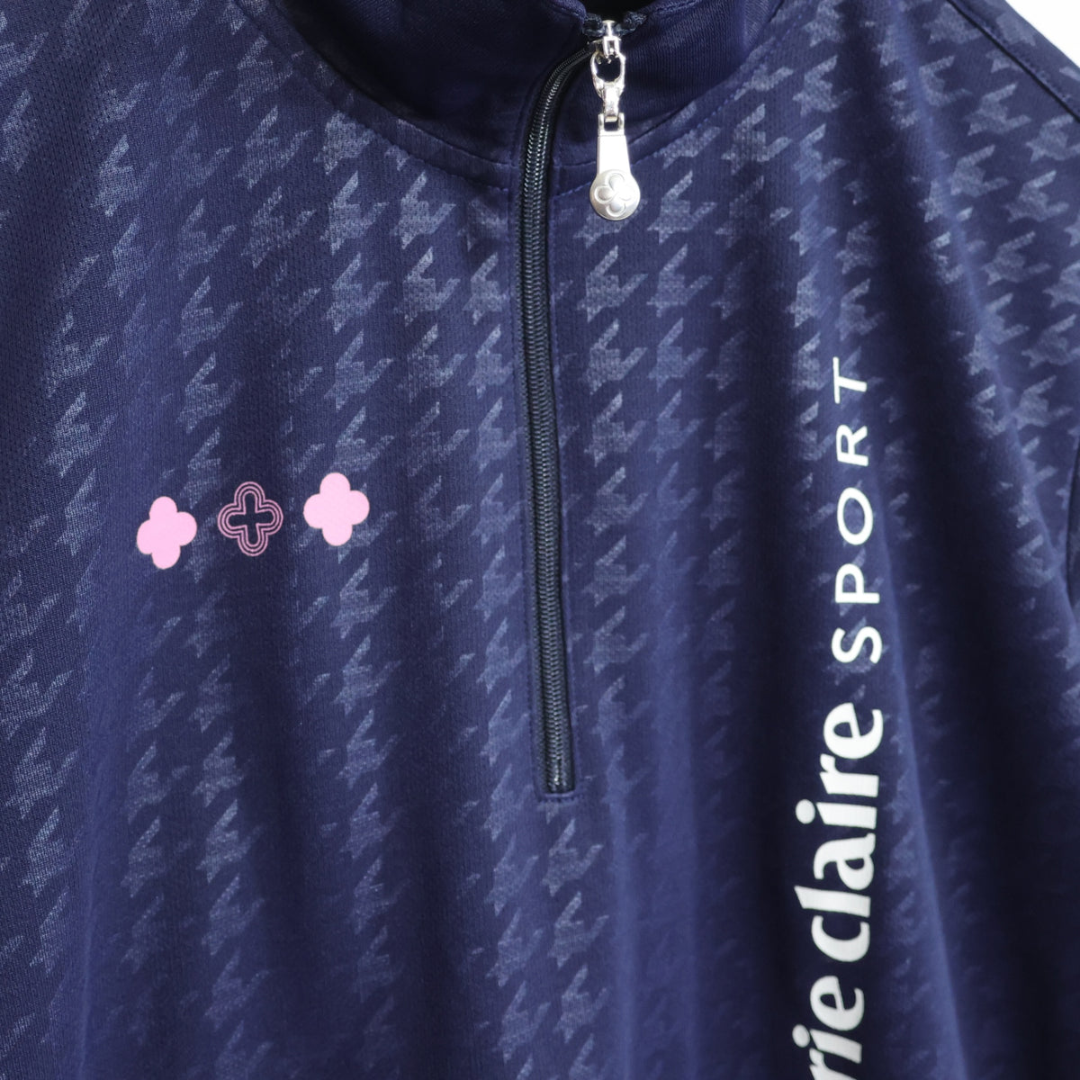 【美品！】マリクレール★千鳥格子柄が素敵♪ ハーフジップ 半袖シャツ ゴルフウェア サイズL 紺系 z22979