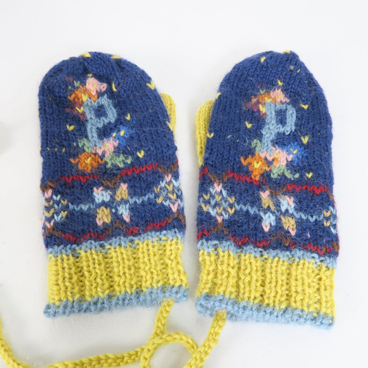 【美品】ピンクハウス★お花がかわいい♪紐付きミトン手袋 フェアアイル柄 ネイビー×イエロー系 so493