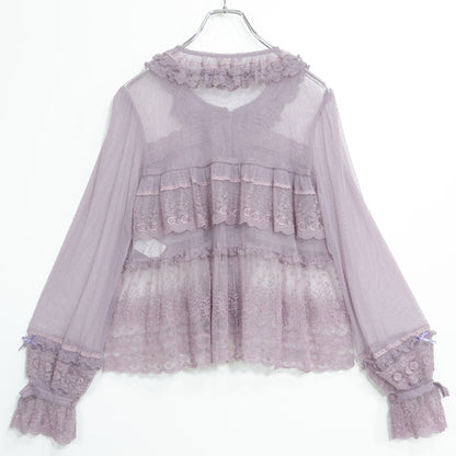 【極美品】ピンクハウス★ドットチュールレース♪長袖ブラウス ラベンダー系 前開き サテンリボンも♪2025年製 z22501