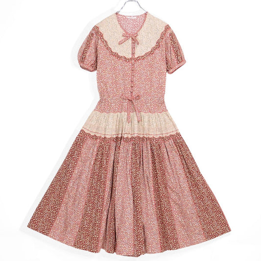 WONDERFUL WORLD カネコイサオ★小花柄 パッチワーク ピコレース リボン 豪華フレア ワンピース テラコッタ系＊z23044