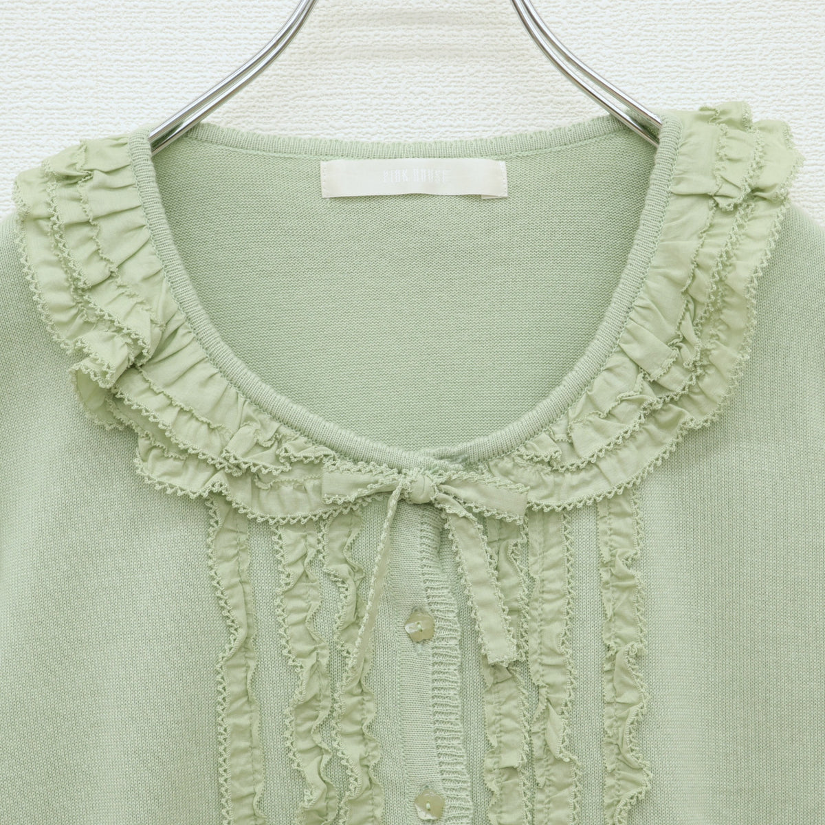 【美品】ピンクハウス★ローンフリル使い♪半袖ニットカーディガン ハッカ系 前開き リボンも♪薄手 z23156