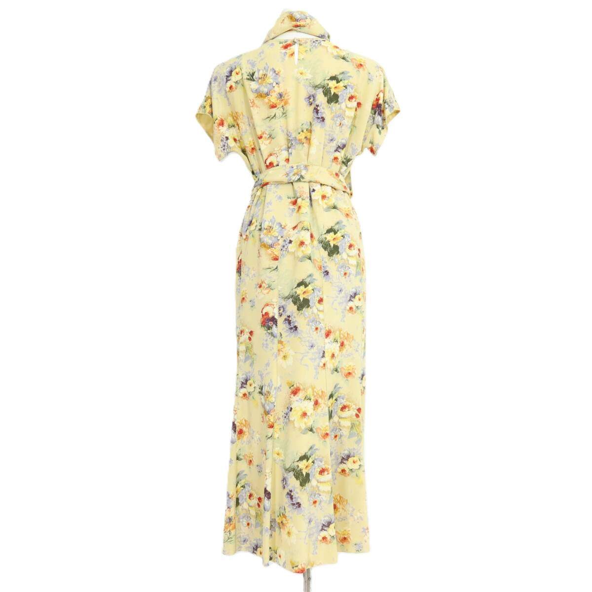 【美品】カネコイサオ★お花コサージュ付き♪花柄半袖ワンピース イエロー系 幅広リボン付♪薄手 z20626