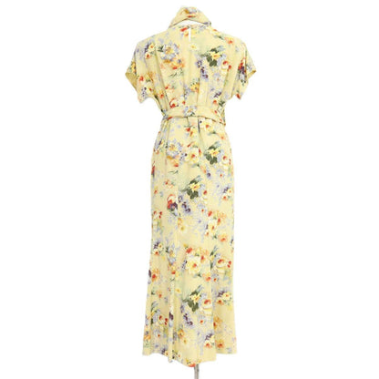 【美品】カネコイサオ★お花コサージュ付き♪花柄半袖ワンピース イエロー系 幅広リボン付♪薄手 z20626