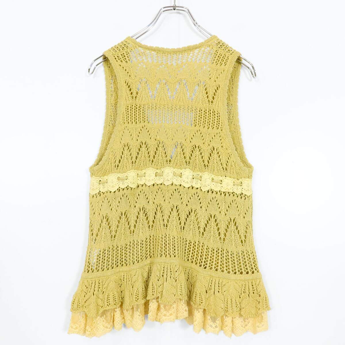 【美品】PINK HOUSE ピンクハウス★繊細な透かし編み×レース♪フェミニン ニットジレ ベスト レイヤード イエロー系  ＊ｋ14498