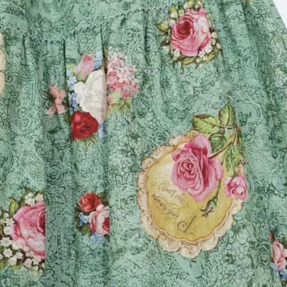 【美品！】ピンクハウス★勿忘草・薔薇・鈴蘭のブーケptが素敵♪ 刺繍付レース裾のレースフラワー柄ローンスカート グリーン系 z21370