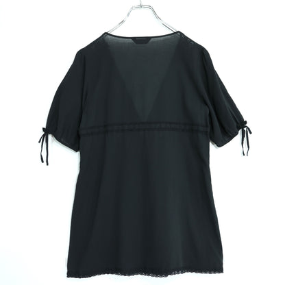 【美品！】インゲボルグ★花モチーフとレース編みが可愛い♪ ふんわり半袖チュニック サイズ9 黒系 z22059