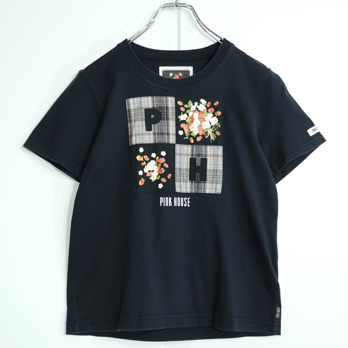 ピンクハウス★オリチェ&いちごptパッチワーク♪半袖カットソー Tシャツ サイズM 黒系 無地 z21930