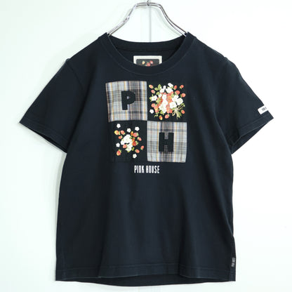 ピンクハウス★オリチェ&いちごptパッチワーク♪半袖カットソー Tシャツ サイズM 黒系 無地 z21930