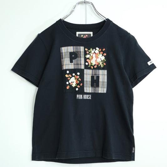 ピンクハウス★オリチェ&いちごptパッチワーク♪半袖カットソー Tシャツ サイズM 黒系 無地 z21930