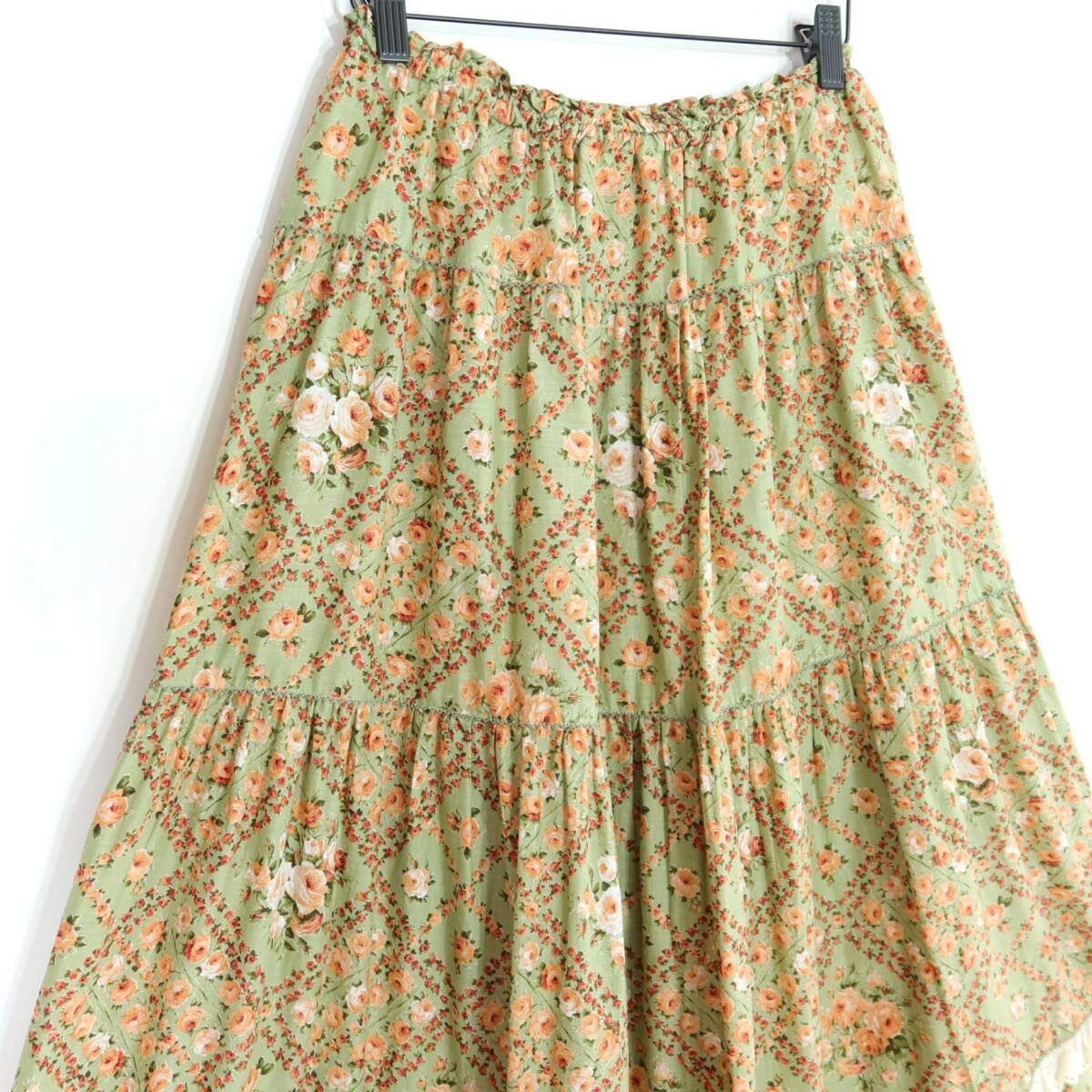 【美品】ピンクハウス★アンティーク調♪薔薇格子柄 ギャザースカート リボン＆レース使い ミントグリーン系＊z20034