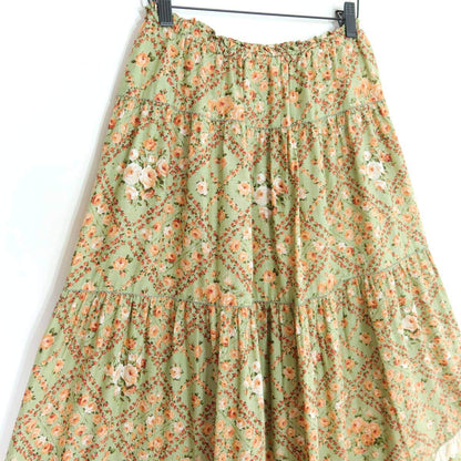 【美品】ピンクハウス★アンティーク調♪薔薇格子柄 ギャザースカート リボン＆レース使い ミントグリーン系＊z20034