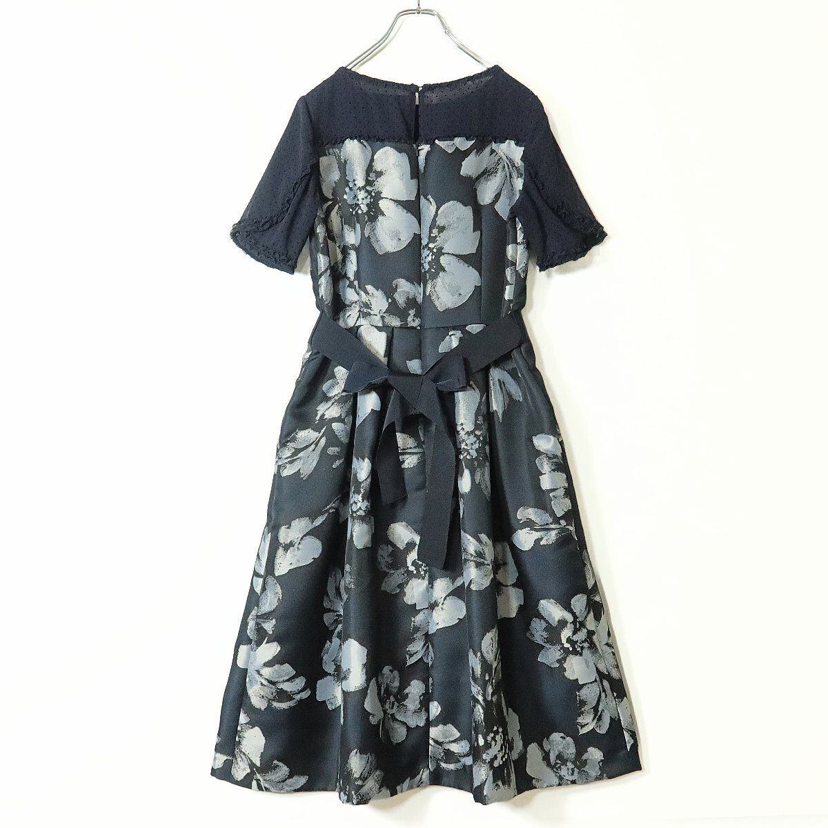 【極美品】INGEBORG インゲボルグ★エレガント 花柄ワンピース 3(M/9号) ネイビー ドットレース フレア  ＊z11337