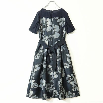 【極美品】INGEBORG インゲボルグ★エレガント 花柄ワンピース 3(M/9号) ネイビー ドットレース フレア  ＊z11337
