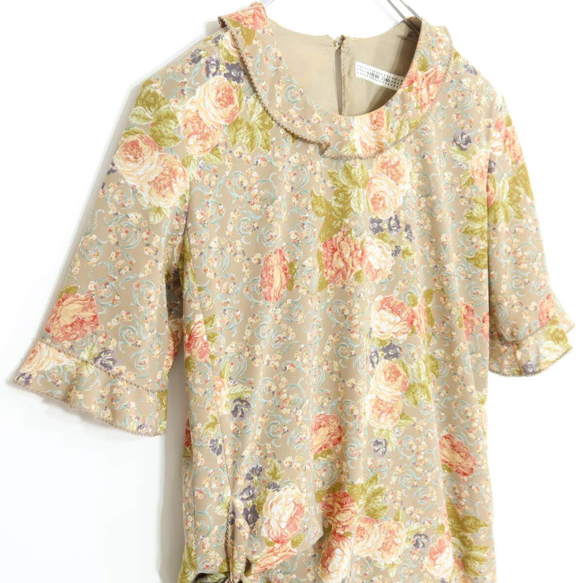 【美品】カネコイサオ★花柄pt♪オリエンタル調ワンピース 薄茶系 薄手 z20559