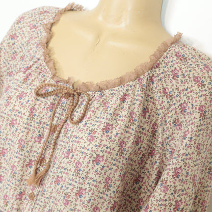 【美品】ピンクハウス★フェミニン！小花柄の長袖ブラウス チュニック 編み込みコード付き♪薄手 春夏 ベージュ系 z8537