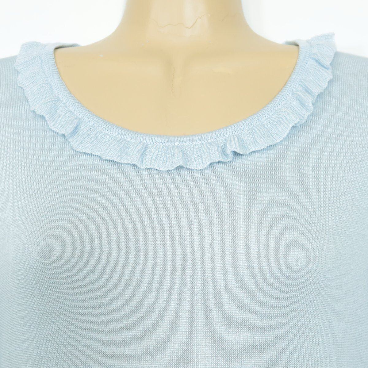 【極美品】ギャラリービスコンティ★フェミニン♪ワンピース 七分袖 サイズ2 かぶせ段々♪おしゃれなフロッキープリント♪水色系 z7306