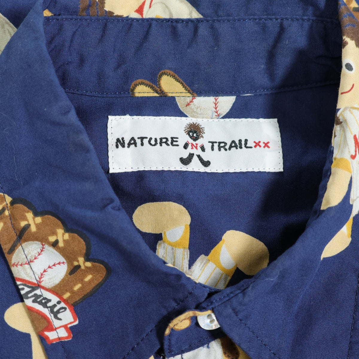 【美品】ネイチャートレイル ピンクハウス★野球・ベースボール柄が可愛い♪ 長袖シャツ メンズサイズS 紺系 z21408