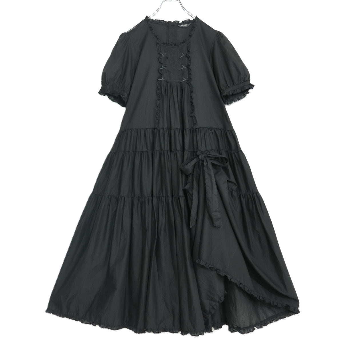【極美品】ピンクハウス★たくし上げリボン♪ふんわりローンワンピース 黒系 ミニリボン使い♪2026年 z22517