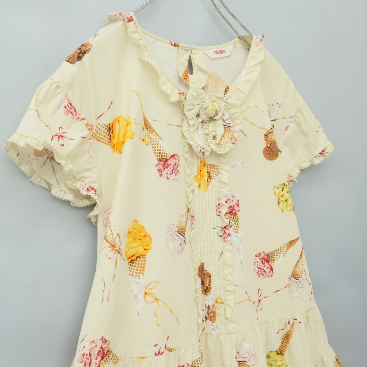 【美品】ピンクハウス★アイスクリームpt♪ふんわり半袖ワンピース 薄黄色系 フリル&リボン♪薄手 z23281