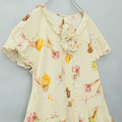 【美品】ピンクハウス★アイスクリームpt♪ふんわり半袖ワンピース 薄黄色系 フリル&リボン♪薄手 z23281