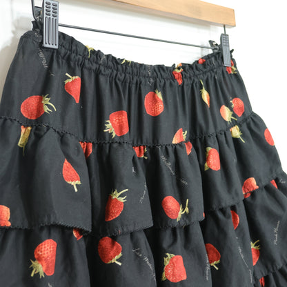 【極美品】ピンクハウス★イチゴpt♪総かぶせ段々フリルのローンスカート 黒系 前開き z22696