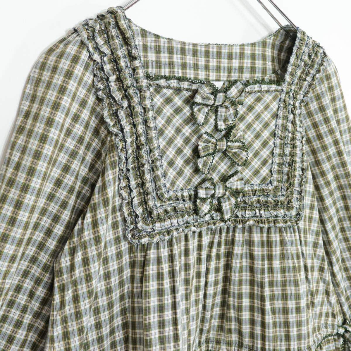【美品】ピンクハウス★オリチェpt♪可愛いふんわりミニワンピ♪チュニック グリーン系 綿ローン 段々フリル&リボンも♪ z21384