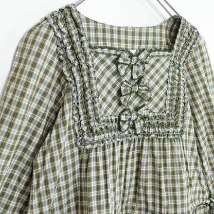 【美品】ピンクハウス★オリチェpt♪可愛いふんわりミニワンピ♪チュニック グリーン系 綿ローン 段々フリル&リボンも♪ z21384