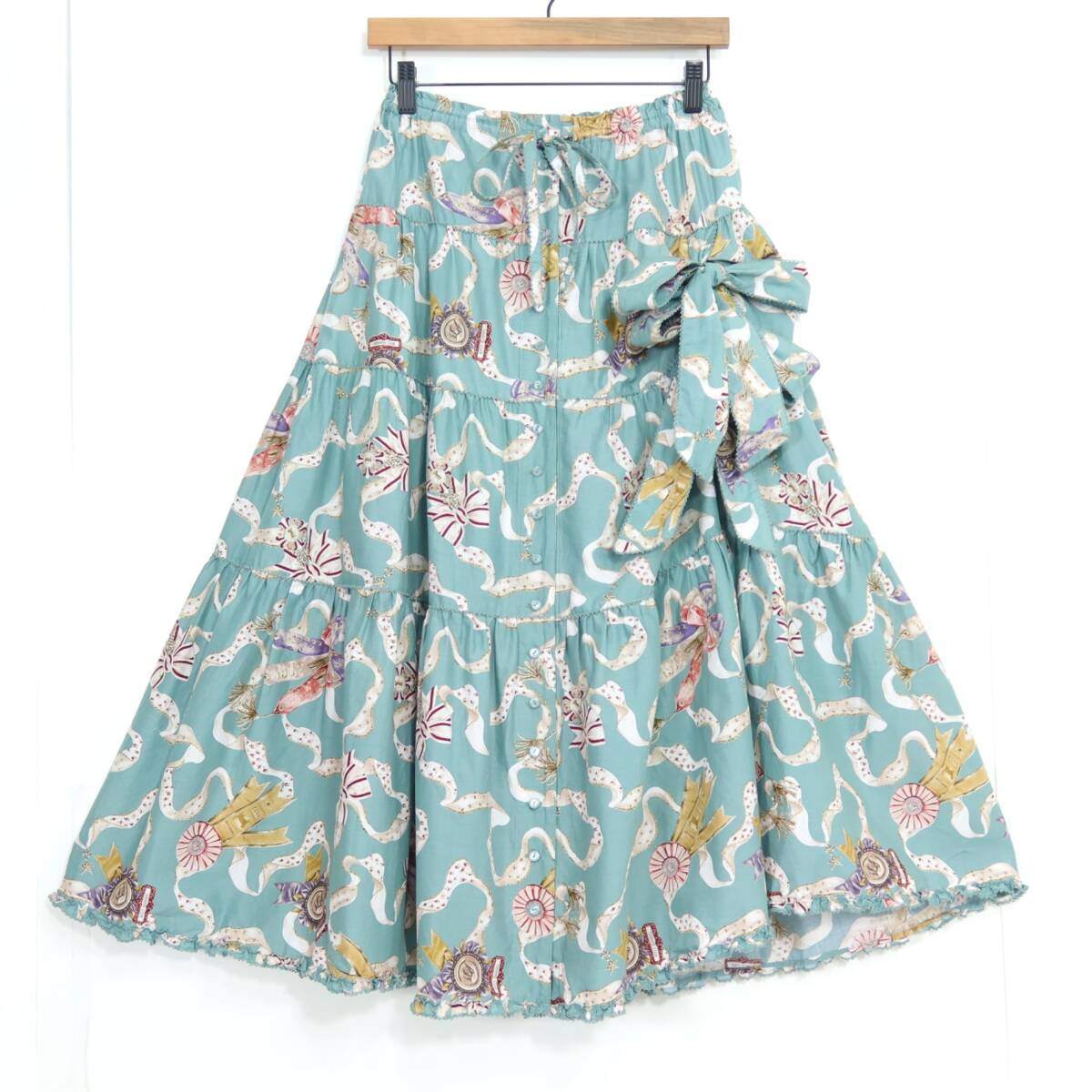 【極美品】ピンクハウス★華やか♪ロゼットプリント&たくし上げ♪ギャザースカート ハッカ系 キュートな紋章柄♪2024年製 z20781