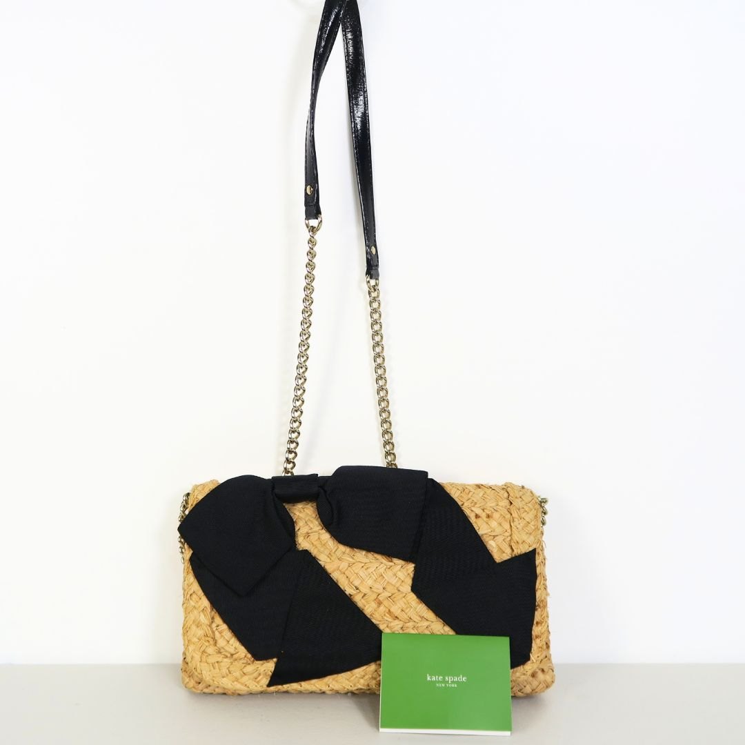 【美品】ケイトスペード Kate Spade ★大人可愛い！リボン付ラフィア ショルダー クラッチバッグ＊ba340
