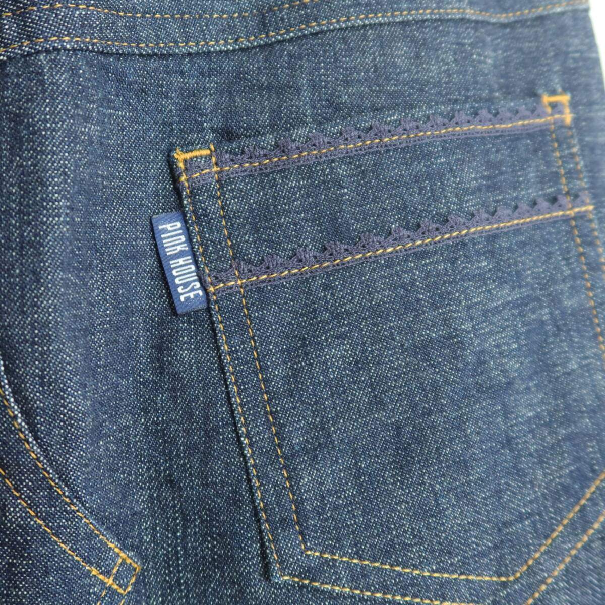 【美品】ピンクハウス★裾パッチワーク♪刺繍付きデニムスカート 大きいサイズL 濃紺系 オリチェ&花柄♪厚手 z19855