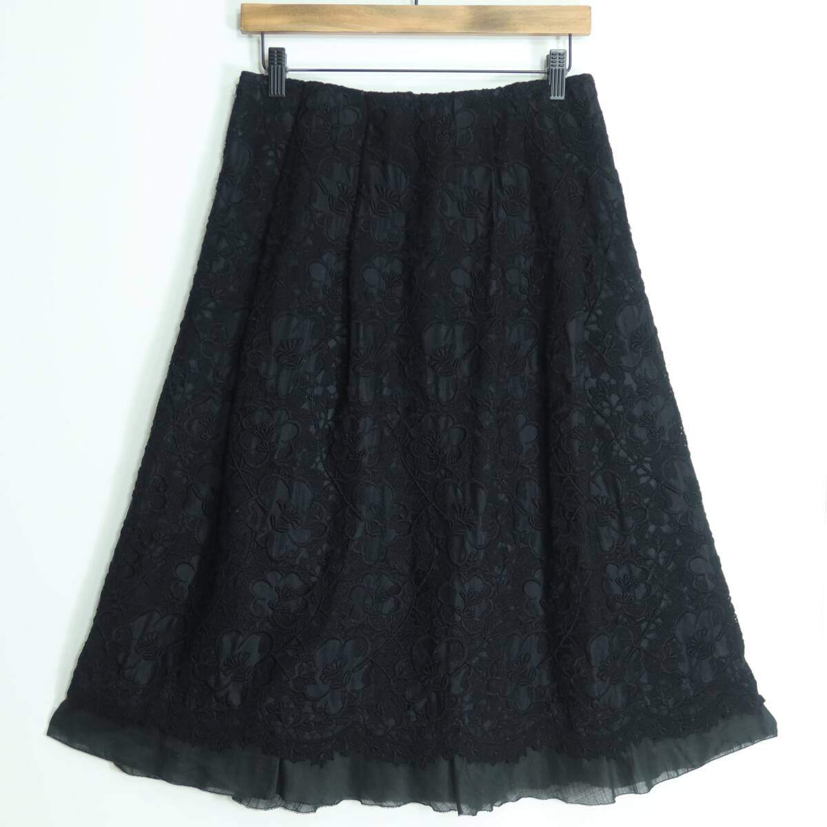 【美品】インゲボルグ★繊細！刺繍付きチュールレースが素敵なタック入りスカート サイズ9 黒系 裾シフォン♪薄手 z19463
