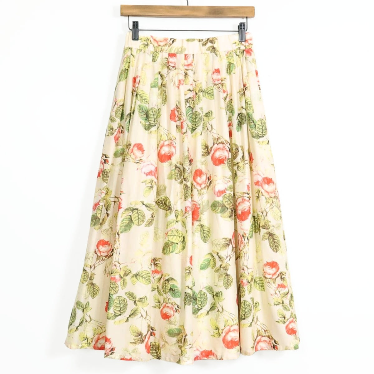 【極美品】インゲボルグ★大人可愛い！薔薇pt ふんわり♪ギャザースカート 綿麻♪サイズ3(9号) ベージュ系 ＊z13734