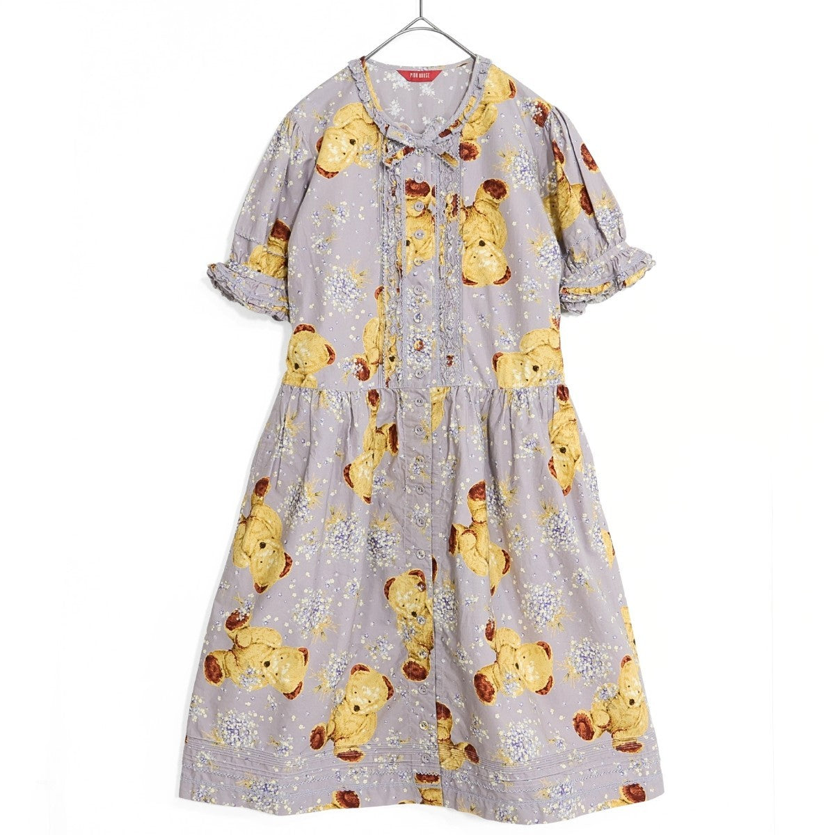 【美品】ベビーピンクハウス★テディ&ブーケpt♪半袖ワンピース キッズ サイズS  薄紫系 親子コーデに♪z23122