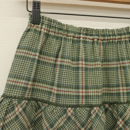 【美品】ピンクハウス★星型レース&かぶせ段々♪千鳥格子ptのギャザースカート グリーン系  やや厚手 z23183