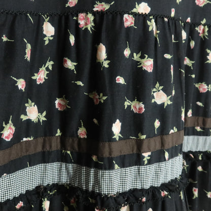 【美品】ピンクハウス★ギンガムパッチワーク♪ローンチュニックブラウス 黒系 薔薇pt♪薄手 z18327