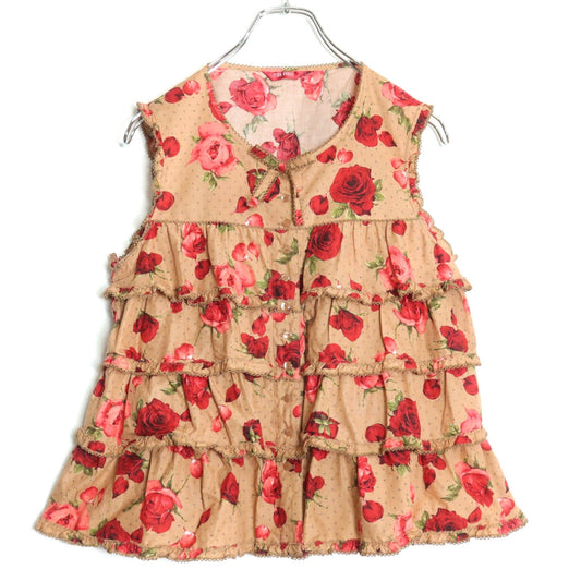 【美品】ピンクハウス★かぶせ段々フリルのローンブラウス 薔薇pt♪モカ系 前開き リボンも♪z18328