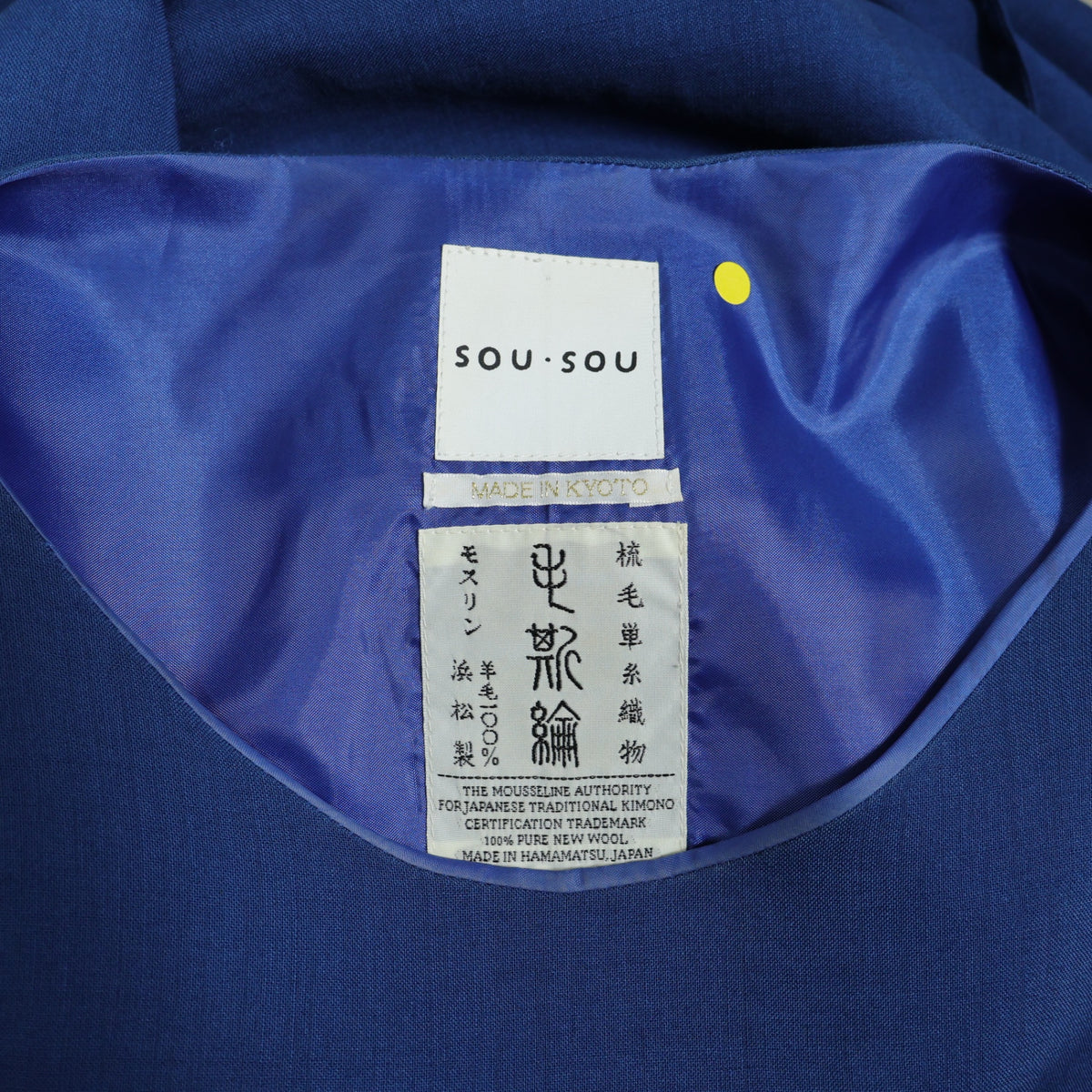 SOUSOU ソウソウ★モスリン 長方形衣 フレンチ袖ワンピース 紺系 薄手 無地 z23130